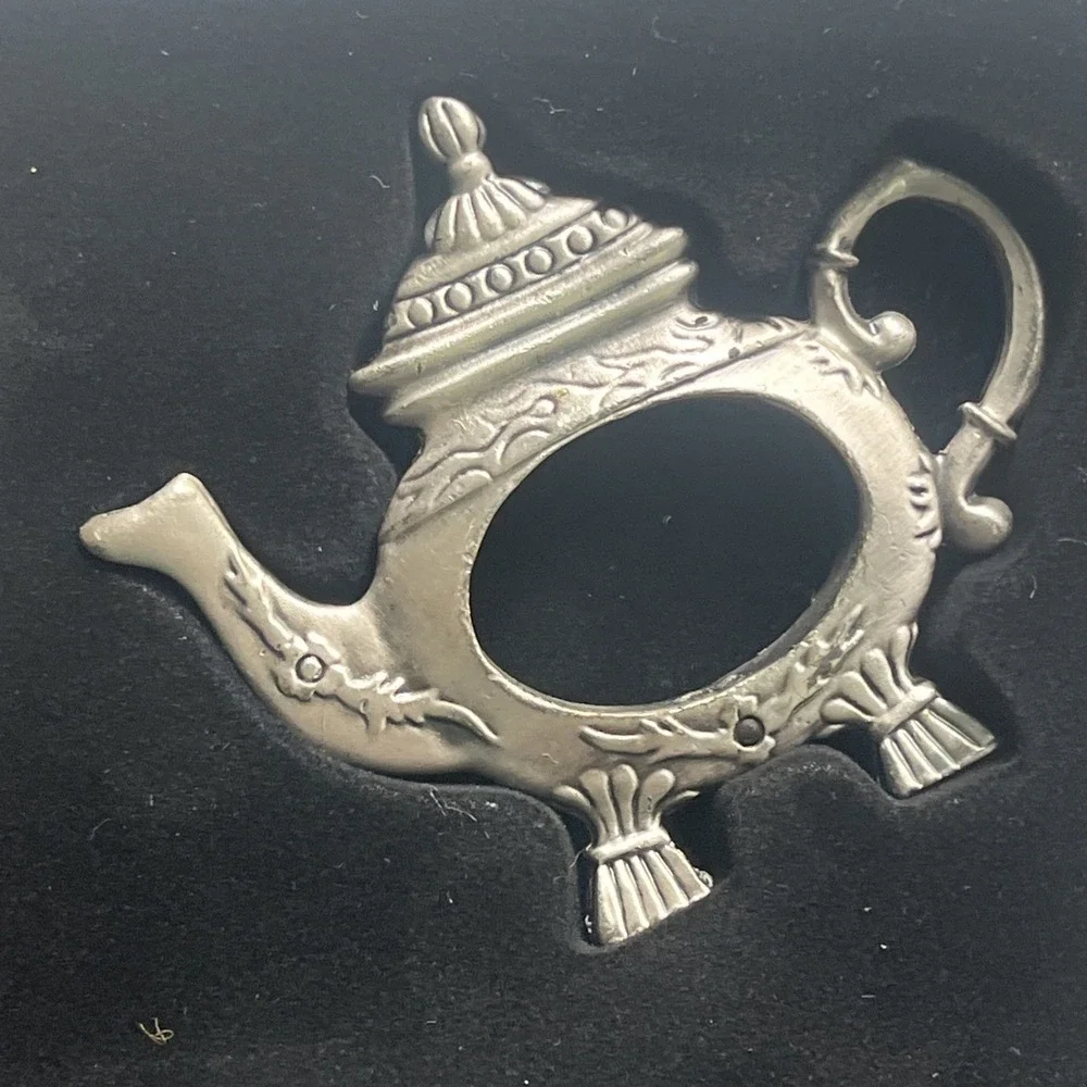 Set Of 4 Metalla Silver Tone Metal Pewter Tea Pot Tea Cup Napkin Rings With Box